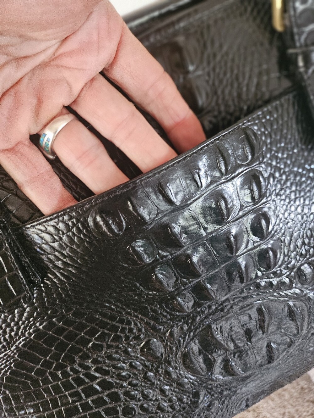 Brahmin Asher Tote Black Croc-Embossed Tote Bag with Gold Hardware - Picture 6 of 12